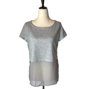 Paper Crane By Anthropologie Gray Metallic‎ Knit Chiffon Hem Short Sleeve Top S